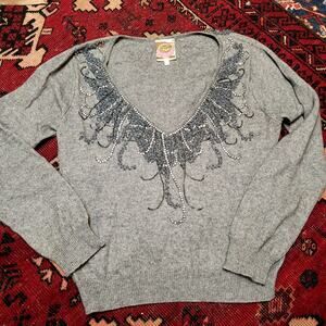 VTG Y2K Beaded Jeweled Gray Sweater Sz S Cream Tea Brand